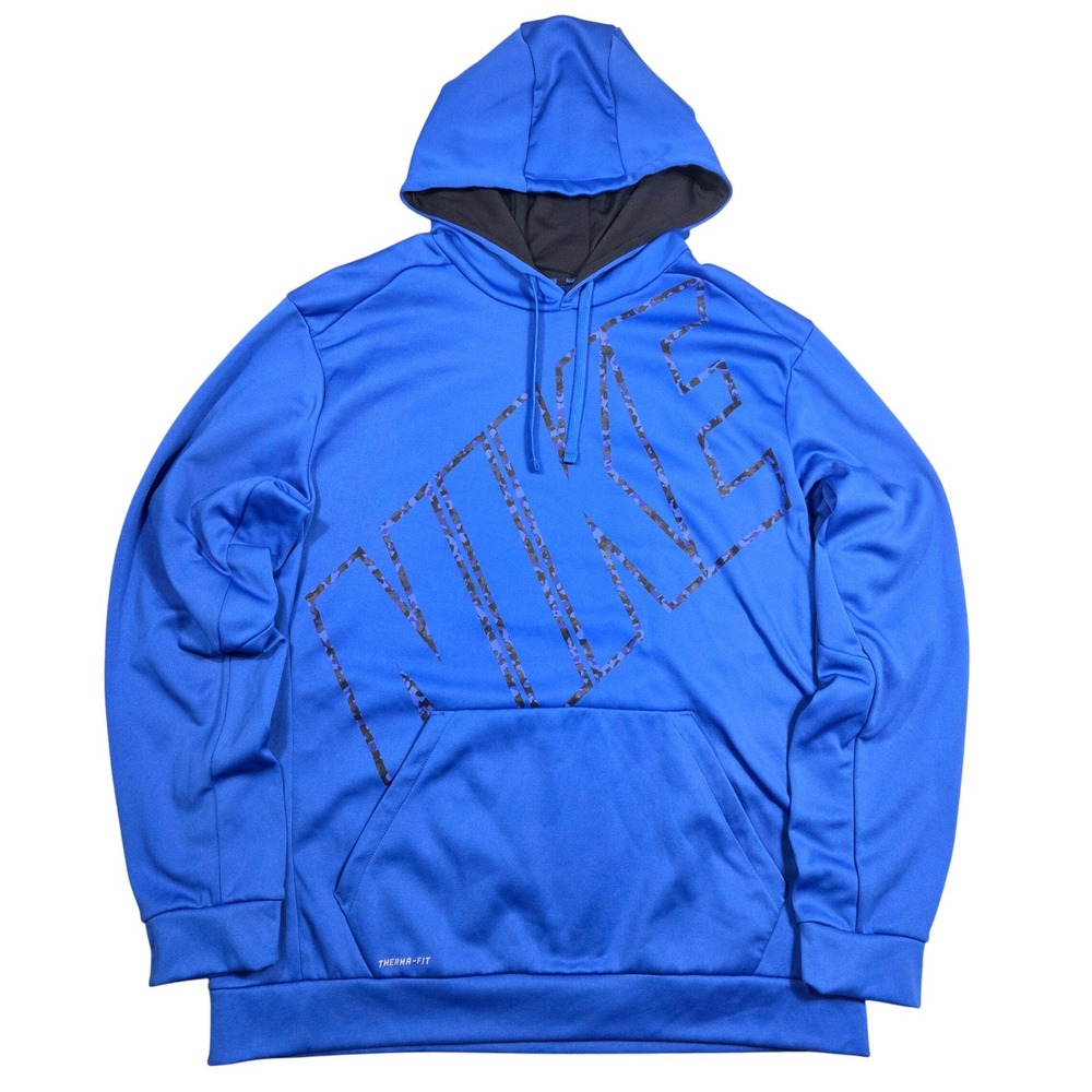 Nike Therma Fit Hoodie Blue Camo Spell Out Logo Pullover Mens XL Athleisure Gym